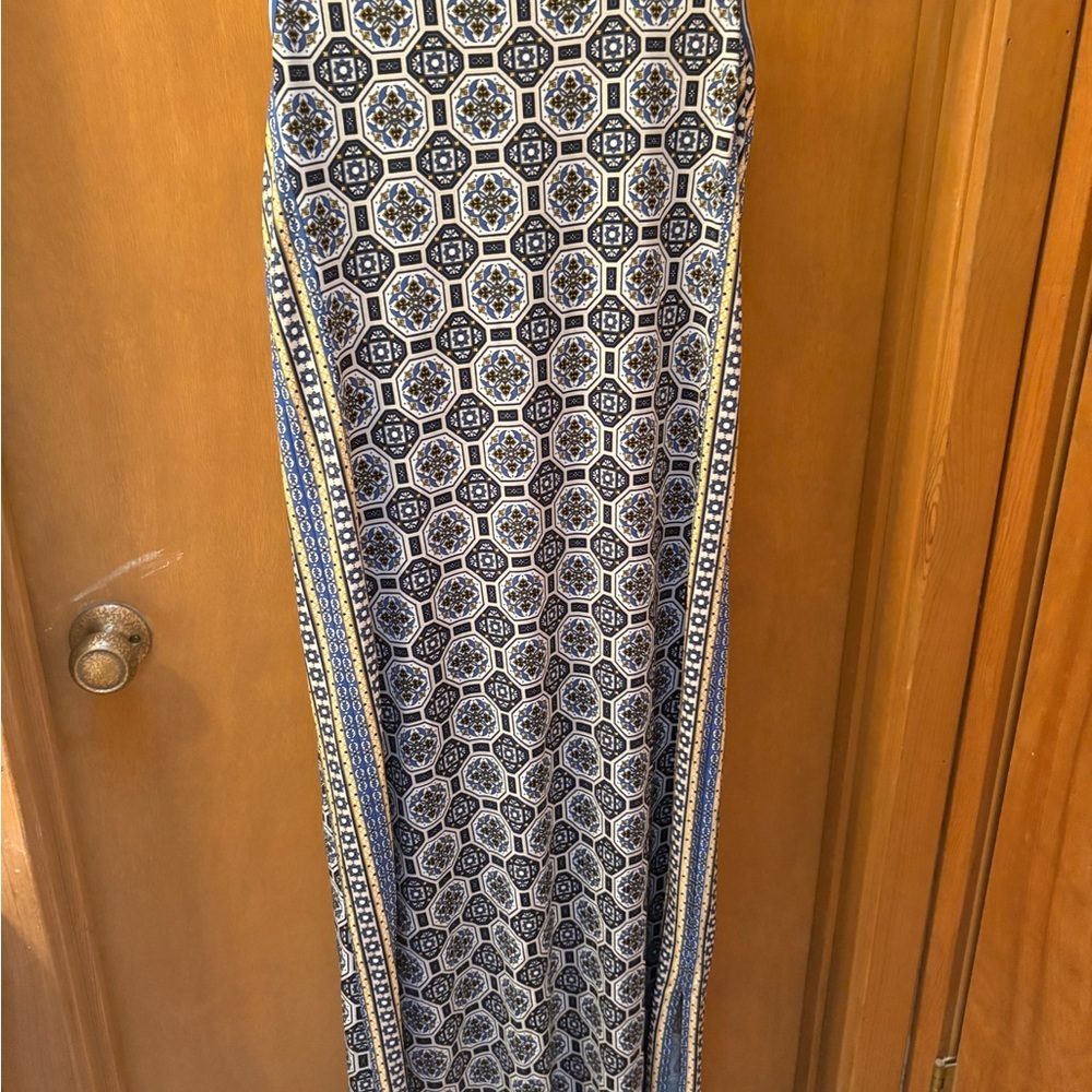 Geometric Patterned Blue and White Maxi Dress